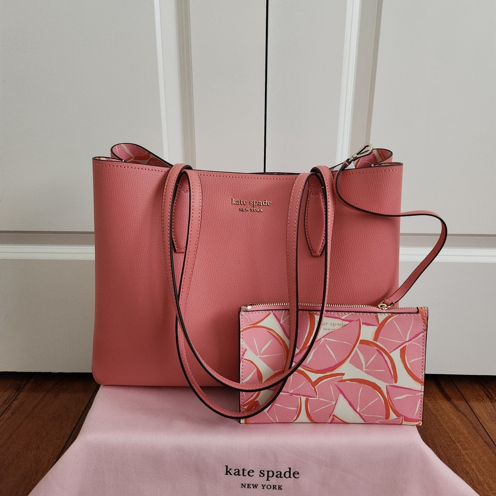 Kate Spade Coral/ Pink Leather Grapefruit Tote with Matching Print Pouch